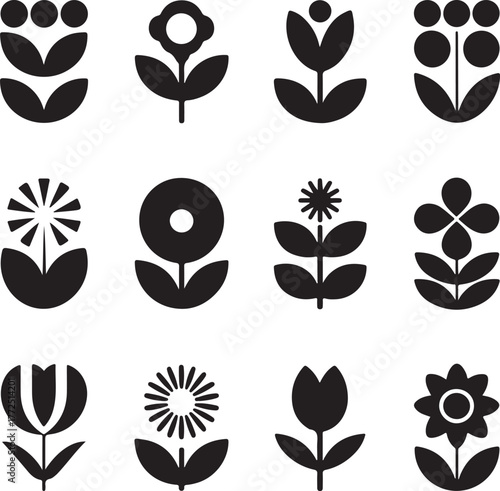 A collection of 12 simple, geometric, and minimalist flower and plant icons