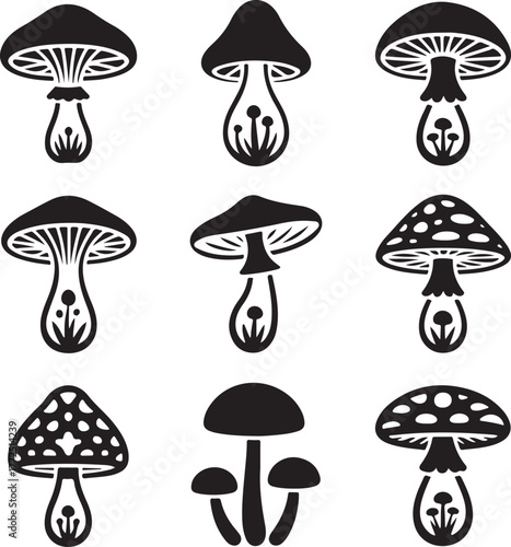 A set of nine stylized mushroom icons, including amanita, for fantasy or food