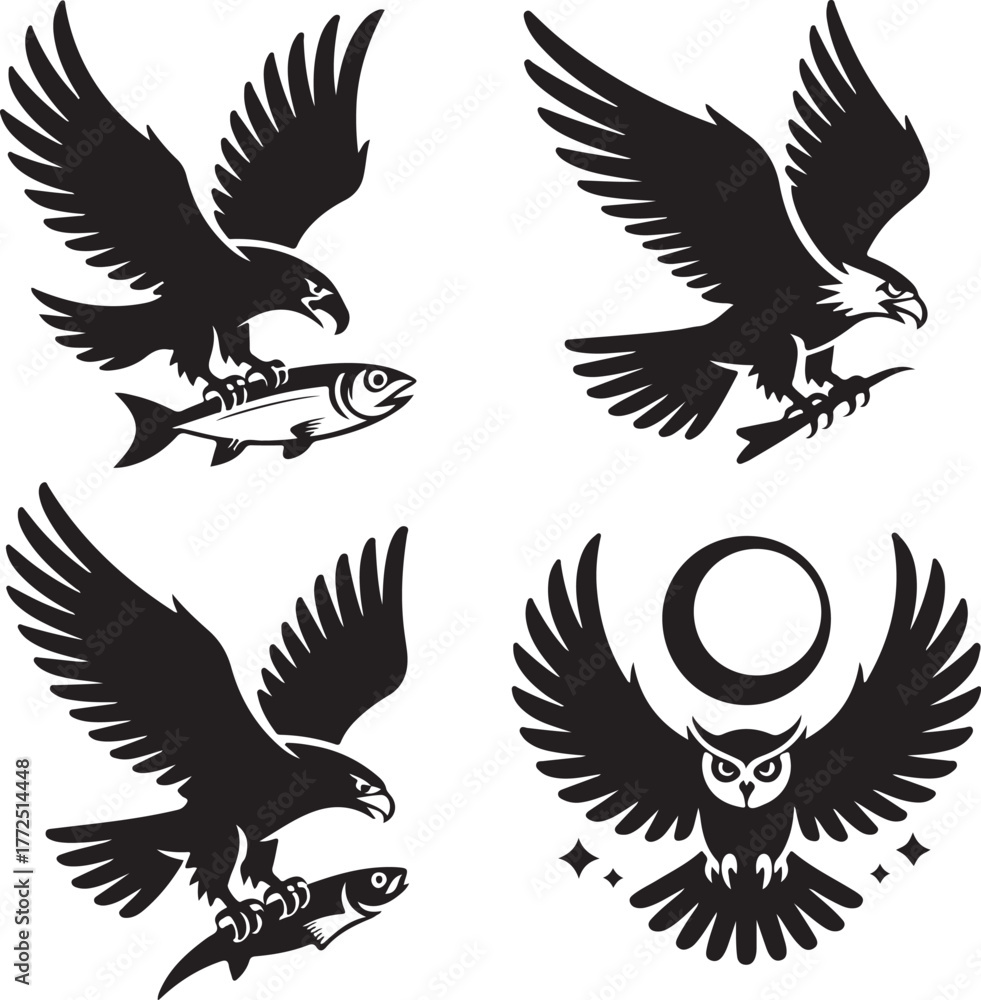 Obraz premium A set of bird silhouettes: eagle catching fish and an owl with a moon