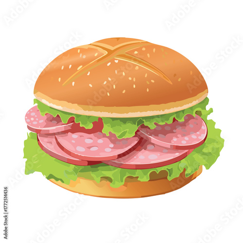 Smoked Bologna sandwich on a bun, Isolated on a white background