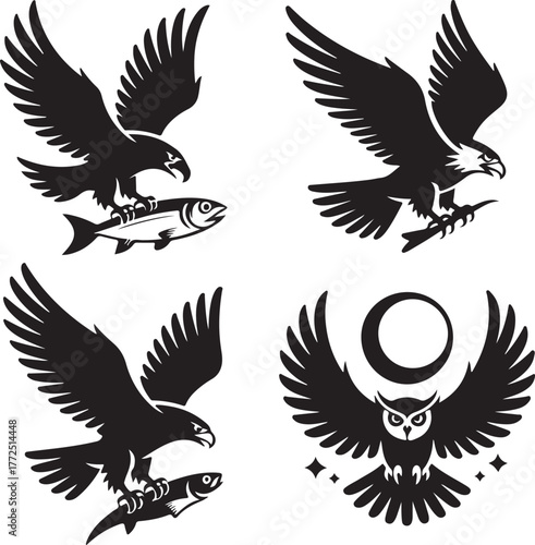 A set of bird silhouettes: eagle catching fish and an owl with a moon