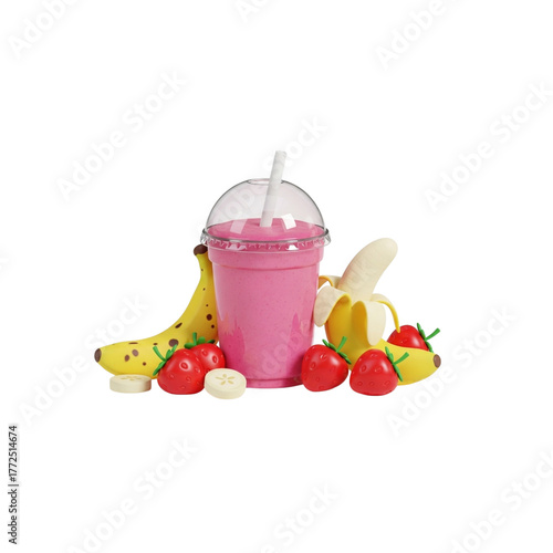 3d illustration of strawberry banana smoothie with fresh strawberries and bananas isolated on transparent background transparent background png