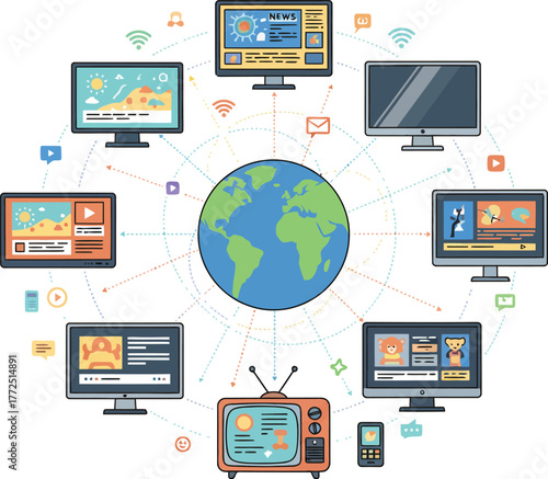 Global media network with computers, globe, and television.