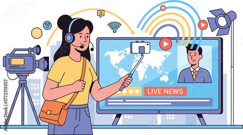 Female reporter broadcasting live news with equipment and a world map background.