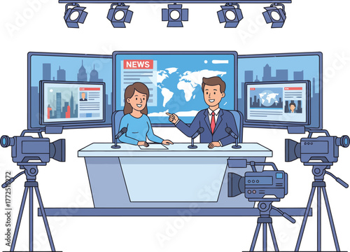 News studio with anchors, cameras, monitors, lights, and desk in a vector illustration.
