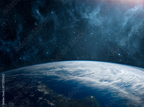 Fototapeta Naklejka Na Ścianę i Meble -  Panoramic view of the Earth, stars and galaxy. Planet Earth, view from space.  Elements of this image furnished by NASA.