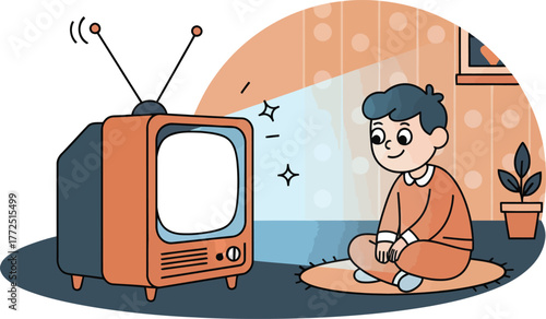 Boy sitting on rug watching television in a living room with a plant and picture on the wall.