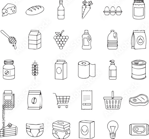 Black-and-white line icons of grocery and household items in grid layout, vector concept for retail, shopping and inventory