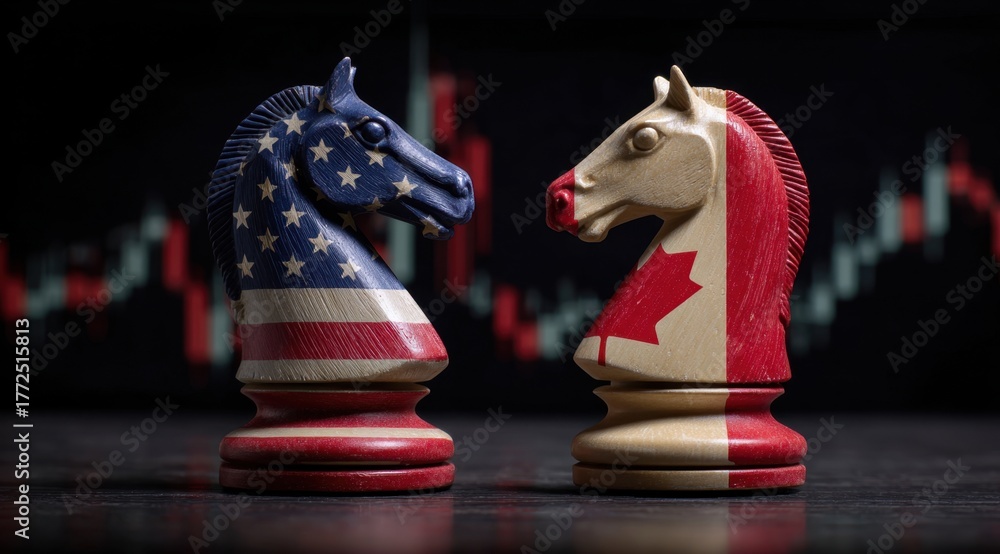 Naklejka premium Two chess pieces painted in the colors of United States and Canada.