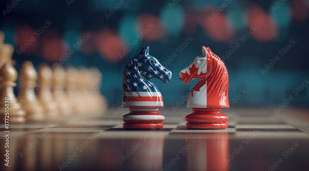 Naklejka premium Two chess pieces painted in the colors of United States and Canada.