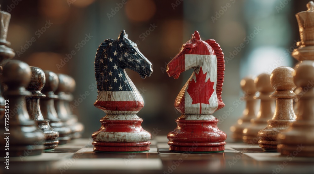 Naklejka premium Two chess pieces painted in the colors of United States and Canada.