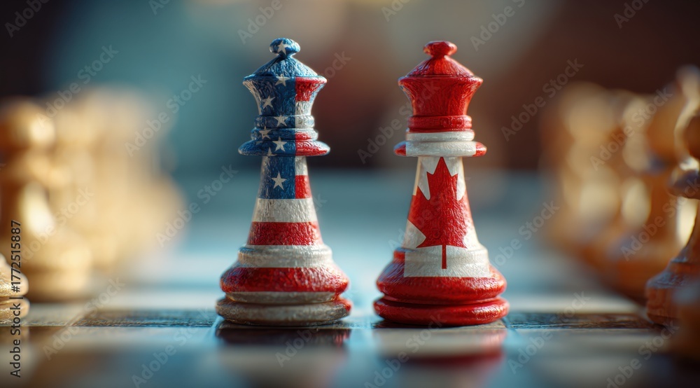 Naklejka premium Two chess pieces painted in the colors of United States and Canada.