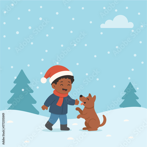 Happy Boy Playing with Dog During Christmas Winter Season in Flat Design Illustration