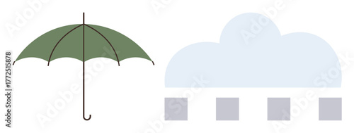 Green umbrella paired with a cloud releasing raindrops representing weather, protection, and environmental awareness. Ideal for safety, insurance, climate, nature, weather forecast, risk management