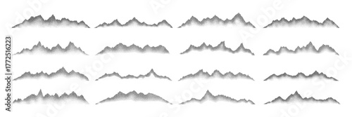 Grain noise stippled mountain range ridges terrain texture landscape vector illustration set. Grunge pointillism mountain range stipple landscape halftone effect shape sand texture.