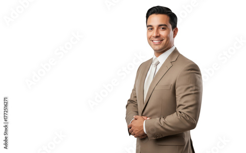 A professional headshot of a man in a suit, smiling confidently, against transparent background