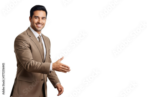 A smiling man in a brown suit with a white shirt and a striped tie, extending his hands out, against transparent background