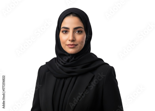 A portrait of a young woman wearing a black veil, against transparent background