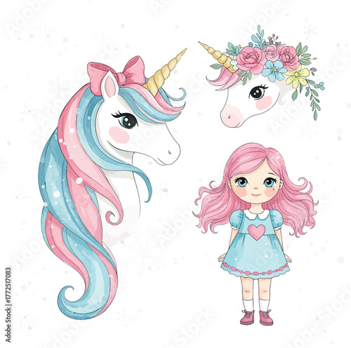 Whimsical unicorns and cute girl character art for children's designs