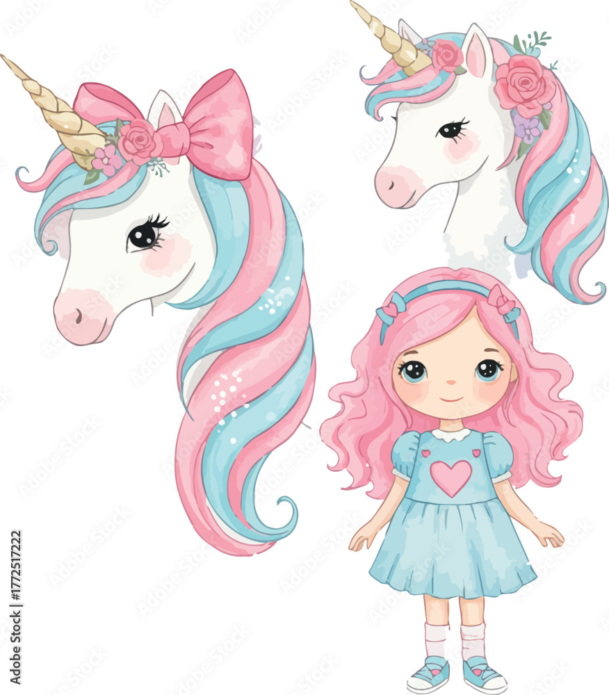 Fototapeta premium Enchanting unicorns and cute girl whimsical fantasy characters digital art collection