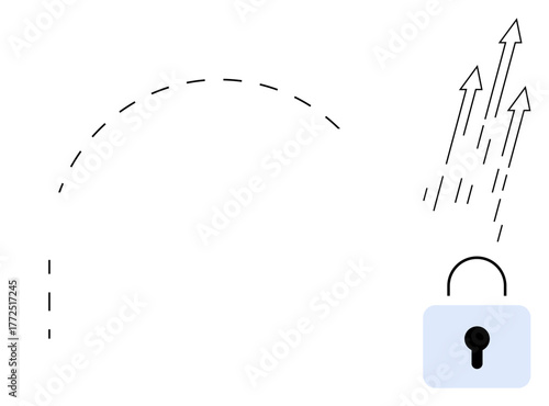 Dotted curve and upward arrows bypassing padlock symbolize overcoming obstacles, innovation, and progress. Ideal for growth, security, solutions, freedom, innovation resilience success. Simple flat