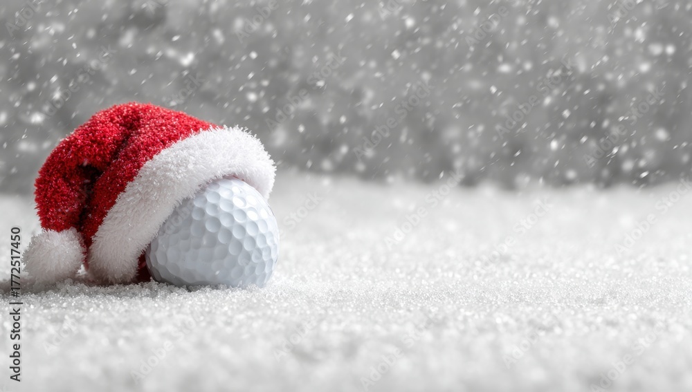 Fototapeta premium A golf ball with a Christmas hat on snow.