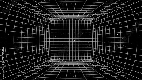 3D wireframe perspective grid room template design vector illustration background. Empty three dimensional virtual room perspective wireframe grid geometric sketch. Cyber virtual line interior frame.