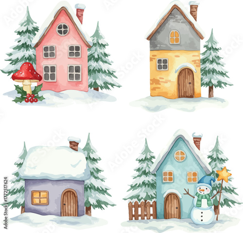 Charming winter village scenes with snowy houses and festive decorations