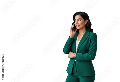 A woman in a green suit talking on a phone while standing with her arms crossed, against transparent background