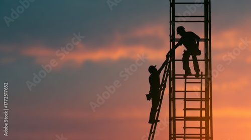 Wallpaper Mural Construction workers helping each other climb a ladder at sunset Torontodigital.ca