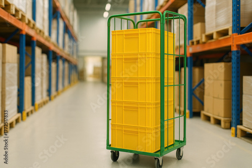 Stacked yellow plastic crate in green rolling cage trolley inside an industrial warehouse. clean and modern logistics aisle scene showing commercial storage workflow