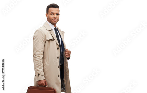 A man in a trench coat holding a briefcase, standing confidently, against transparent background