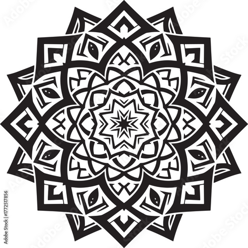 Intricate black and white geometric mandala design with repeating patterns