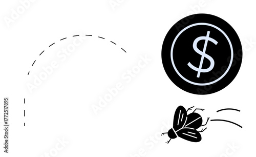 Coin with dollar sign suggests currency, while a flying insect represents fleeting wealth. Ideal for finance, investment, debt, economy, savings, budgeting risk. Simple flat metaphor