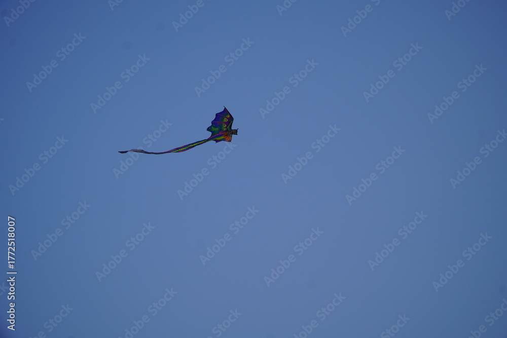 Fototapeta premium Colorful Kite Flying High in a Clear Blue Sky
