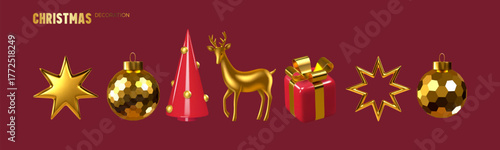 Set of 3D Christmas decorations with golden bauble, red cone tree, reindeer, gift box with ribbon and stars. Elegant festive elements for winter New Year holiday design. Vector illustration.