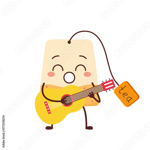 Tea bag cute character cartoon plays the guitar and sings emotions joy happiness beautiful vector illustration.