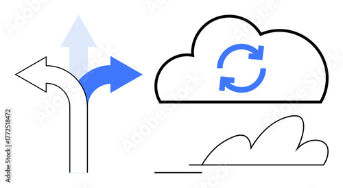 Arrows pointing in different directions symbolize decision-making. Cloud icon with sync arrows represents data synchronization. Ideal for technology, direction, strategy, updates, cloud computing
