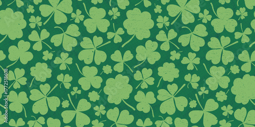 Shamrock or green clover leaves pattern background flat design vector illustration. St Patrick Day shamrock symbols decorative elements horizontal pattern texture.