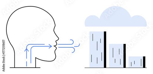 Outline of human head exhaling air toward cityscape under cloud with blue arrows. Ideal for pollution, environment, sustainability, climate change, urban planning, air quality, awareness. Simple flat