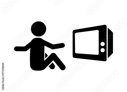 Stickman Watching TV Icon - Minimal Black Silhouette of Person Sitting and Watching Television, Simple Vector Symbol for Relaxation, Entertainment, and Leisure Concept.