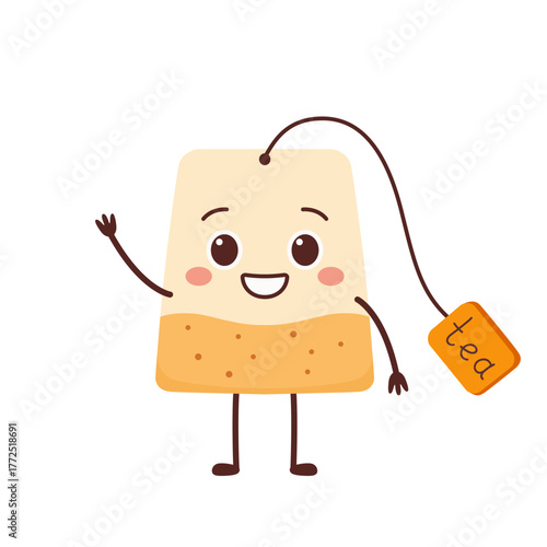 Tea bag cute character cartoon hand greeting smiling face happy joy vector illustration.
