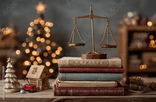 Christmas scene with scales and colorful books
