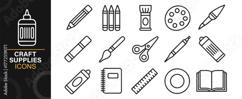 Outline vector set featuring craft tools, glue, pens, and paper supplies