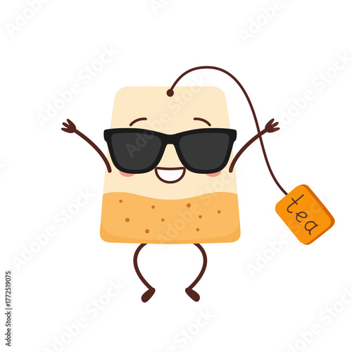 Tea bag cute character cartoon jumping greeting joy smiling face sunglasses happy emotions beautiful vector illustration.