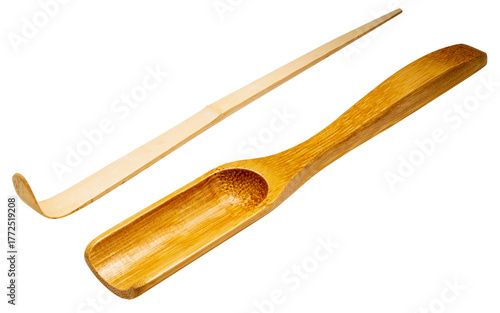 Japanese tea ceremony utensils isolated on white with clipping path. Traditional bamboo tools for matcha preparation, including chashaku and chasaji PNG File.