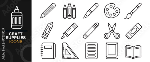 Minimalist line art vector set of school and craft supply icons
