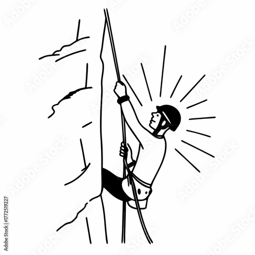 Black and white line drawing of a rock climber ascending a sheer cliff face with a rope climbing mountaineering