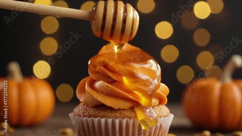 honey dripping on pumpkin cupcake, slow motion, bokeh lights