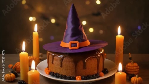 witch hat placed on honey cake, glowing candles around
